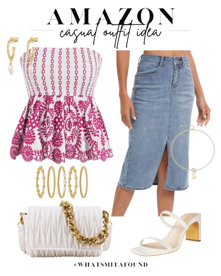 Amazon outfit idea, summer outfit idea, casual outfit idea, strapless top, eyelet top, ruched top, tube top, eyelet tube top, denim midi skirt, trendy denim skirt, light blue denim midi skirt, high waisted denim midi skirt, white heeled sandals, white sandals, strappy heels, block heeled sandals, white purse, crossbody purse, quilted purse, bracelet set, gold bracelets, trendy necklace, initial necklace, paperclip necklace, pearl necklace, pearl earrings, gold earrings 

#LTKShoeCrush #LTKFindsUnder50 #LTKItBag