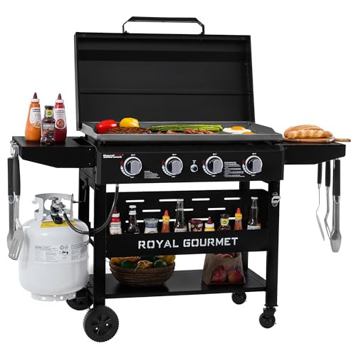 Royal Gourmet GB4000PB 4-Burner Gas Griddle with Hood, Griddle with Collapsible Side Shelves, 52,000 BTU, 582 Sq. In. Cooking Area, Electronic Ignition, Swivel Wheels with Brakes, Black | Amazon (US)