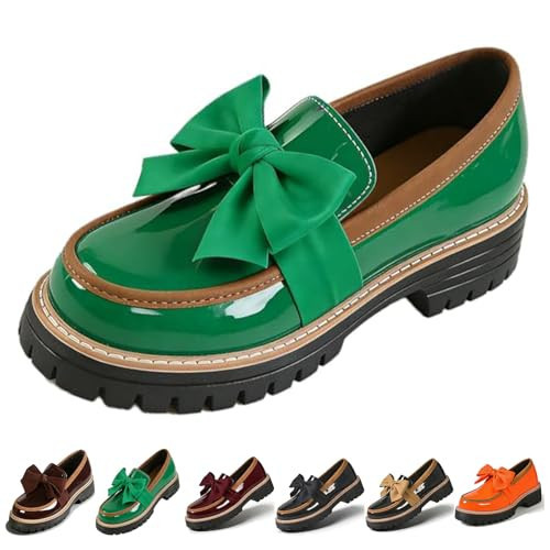 Women's Patent Leather Bow Loafers 3D Bowknot Slip-On Thick Sole Loafers, Casual Office Daily Footwear for Spring Fall (8.5,Green) | Amazon (US)