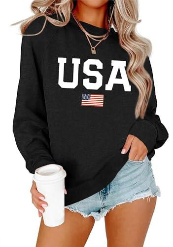 Dressmine Women Cute Crewneck Sweatshirt USA American Flag Shirt Trendy Ribbed Casual Cute Raglan Sleeve Graphic Pullover Black Large | Amazon (US)