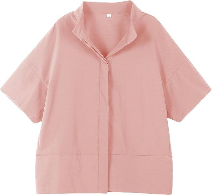 Ainangua Women Casual Button Down Shirts Oversized Short Sleeve Stand Collar Tops Trendy Work Blo... | Amazon (US)