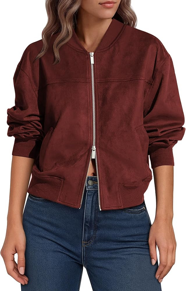 Lazysmile Women's Faux Suede Bomber Jackets Fall Fashion Outfits Winter Clothes Stand Collar Zip ... | Amazon (US)