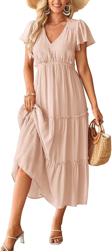 VOTEPRETTY Women's 2025 Summer Boho Maxi Dresses Flutter Short Sleeve V Neck Casual Beach Wedding... | Amazon (US)