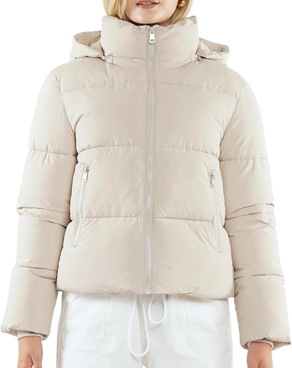 Women's Cropped Puffer Jackets,Warm Winter Jacket with Removable Hood,Zipped Pockets,Short Ladies... | Amazon (US)