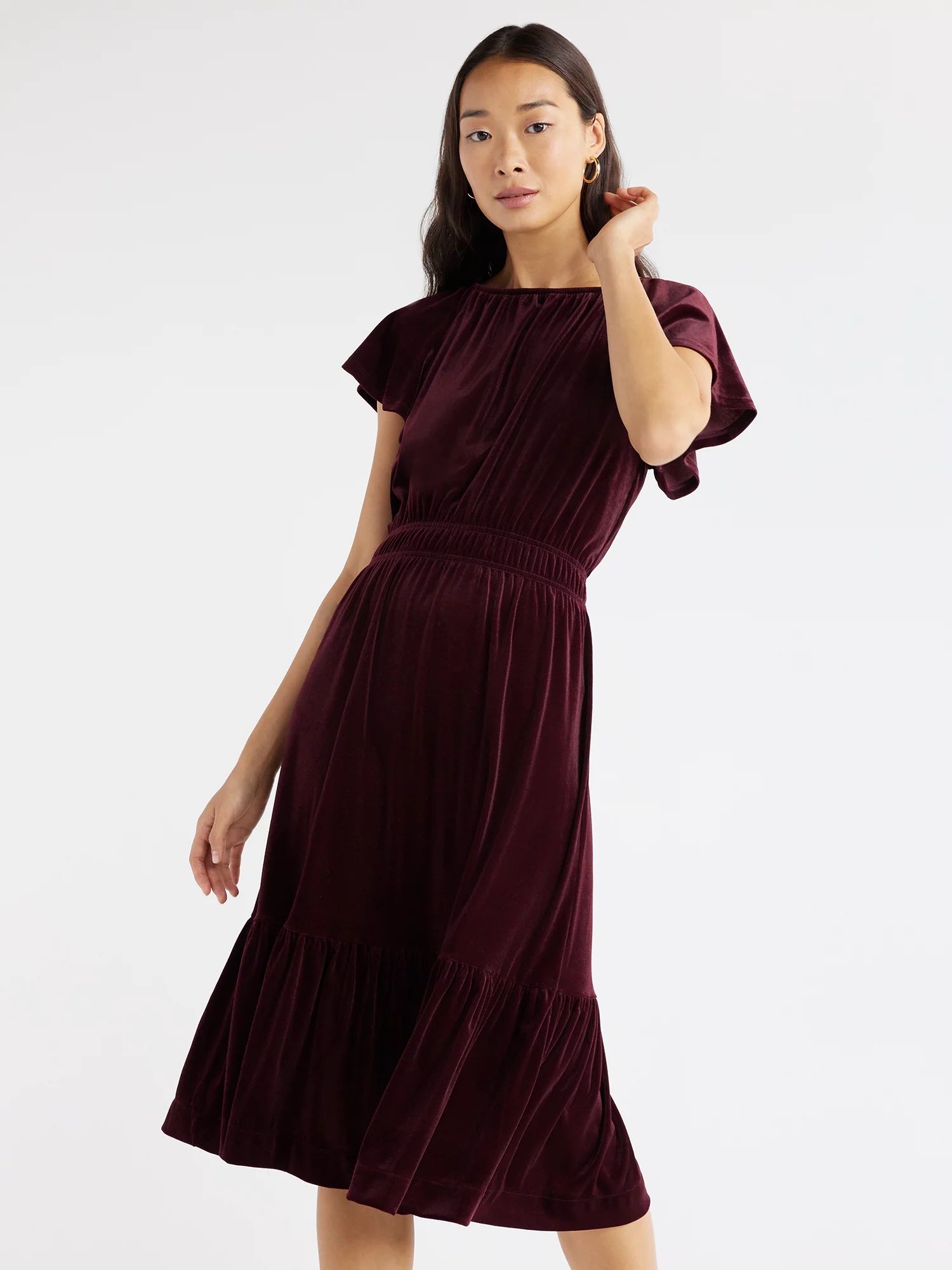 Time and Tru Women's Velvet Flutter Sleeve Dress, Sizes XS-XXXL - Walmart.com | Walmart (US)