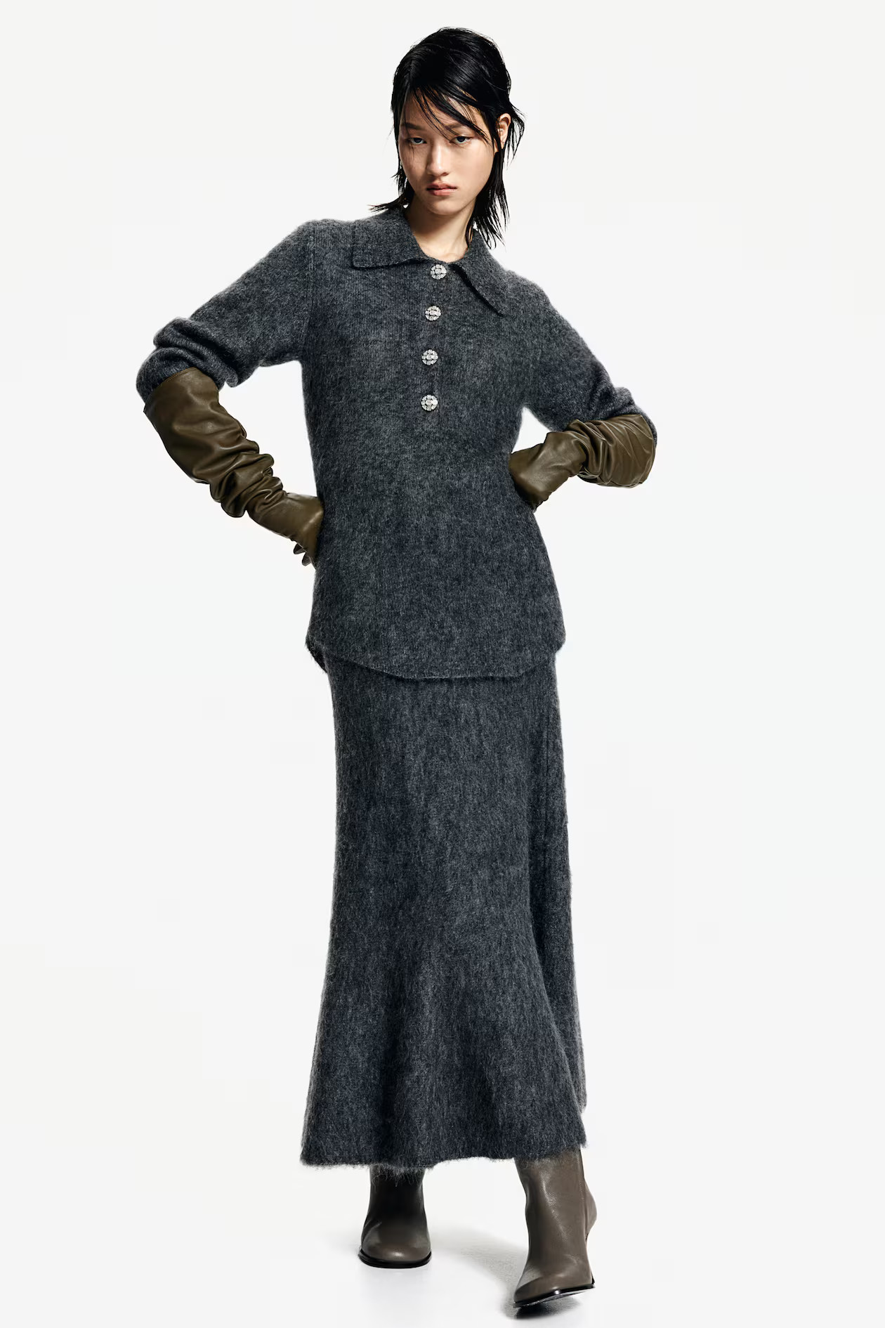 Jupe en maille de mohair mélangé - Taille régulière - Midi - Gris foncé - FEMME | H&M FR | H&M (FR, IT, ES, PT, BE)