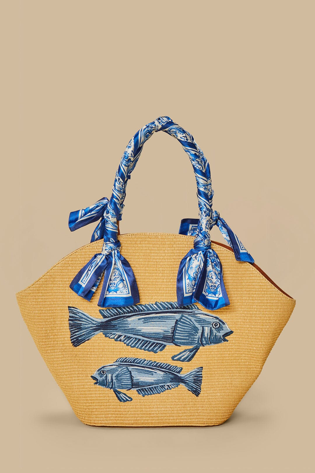 Blue Garden Tiles Raffia Shell Tote | FarmRio (US)