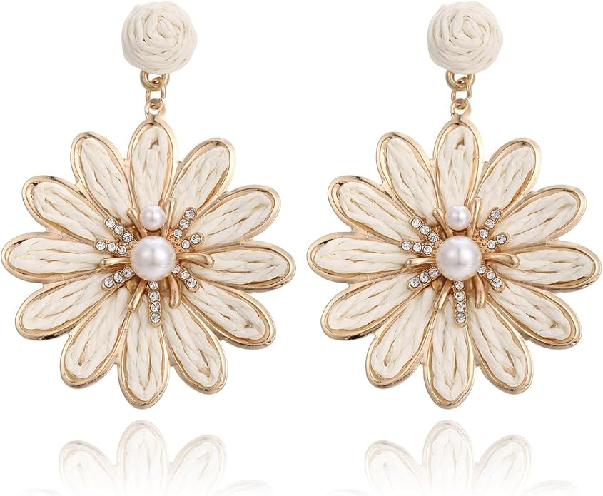 Boho Raffia Flower Earrings for Women – Lightweight Dangle Jewelry, Summer Beach Vacation Acces... | Amazon (US)