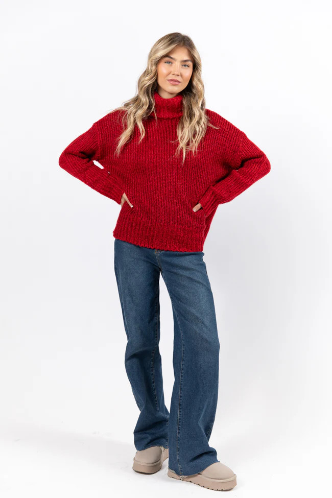 What I Need Red Fuzzy Oversized Turtleneck Sweater DOORBUSTER DOORBUSTER | Pink Lily