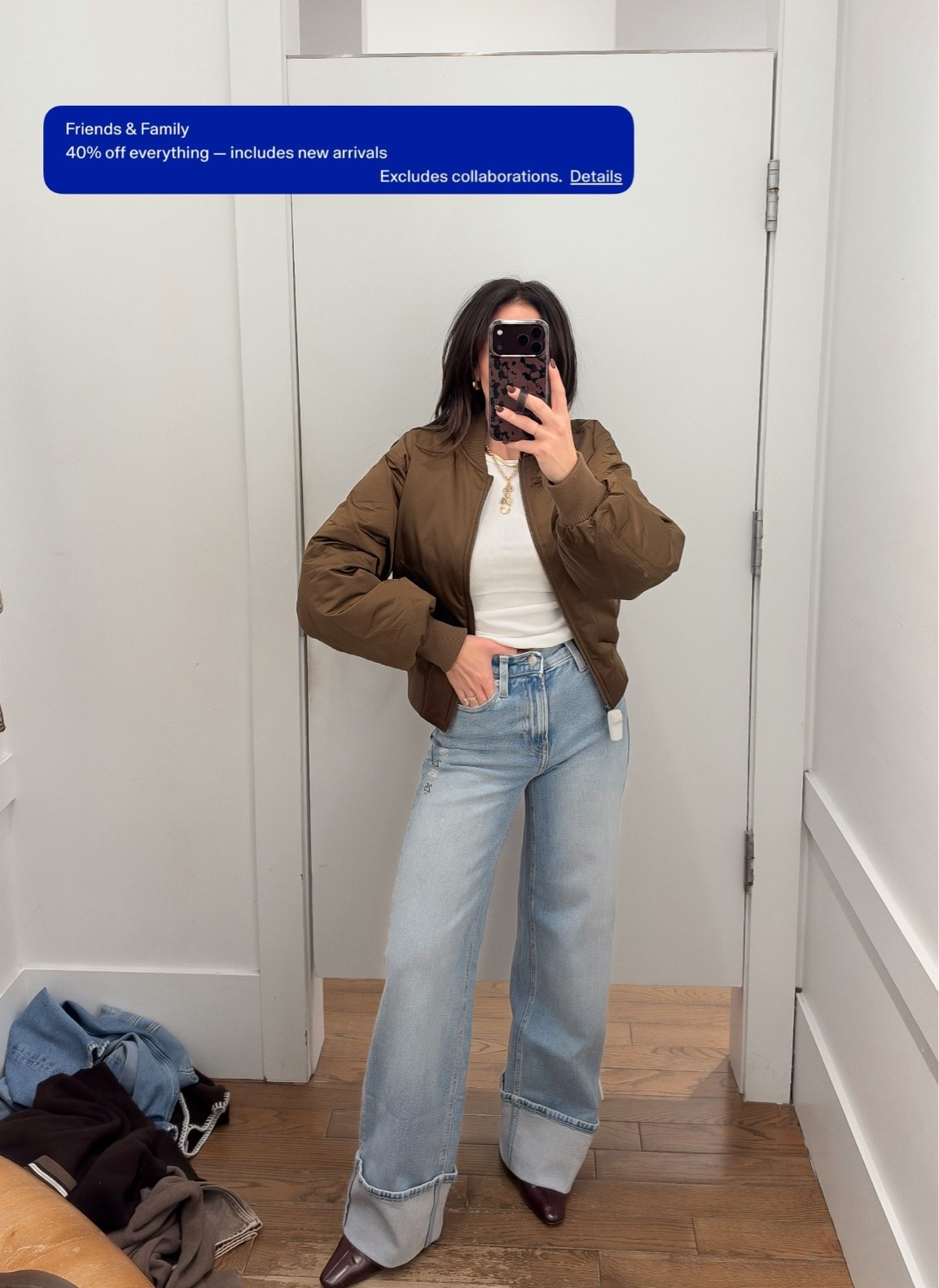 I loved these jeans. I’m wearing size 25 regular. Size XS in jacket