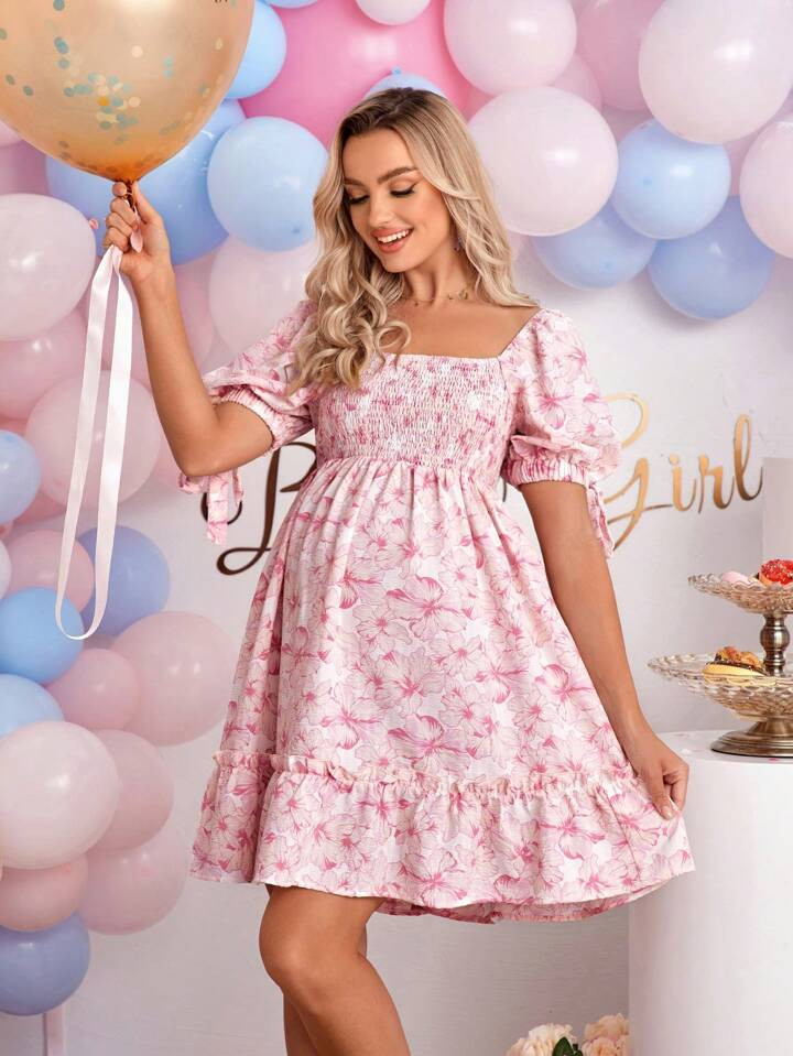 SHEIN Maternity Floral Print Puff Sleeve Ruffle Hem Dress | SHEIN