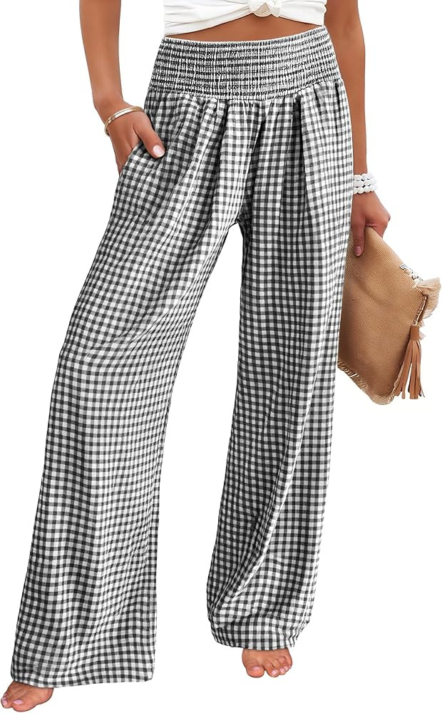 ANRABESS Womens Striped Gingham Palazzo Pants Wide Leg High Waisted Lounge Pajama Pants Cute Casu... | Amazon (US)