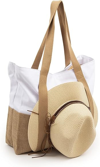 HK Collection Premium Summer Straw Hat and Jute Tote Bag Combo Beach Tote Bag with side straps fo... | Amazon (US)
