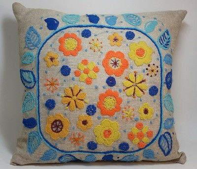 Vintage 60's 70’s Crewel Embroidered Throw Pillow Floral Orange Yellow Blue Mod | eBay US