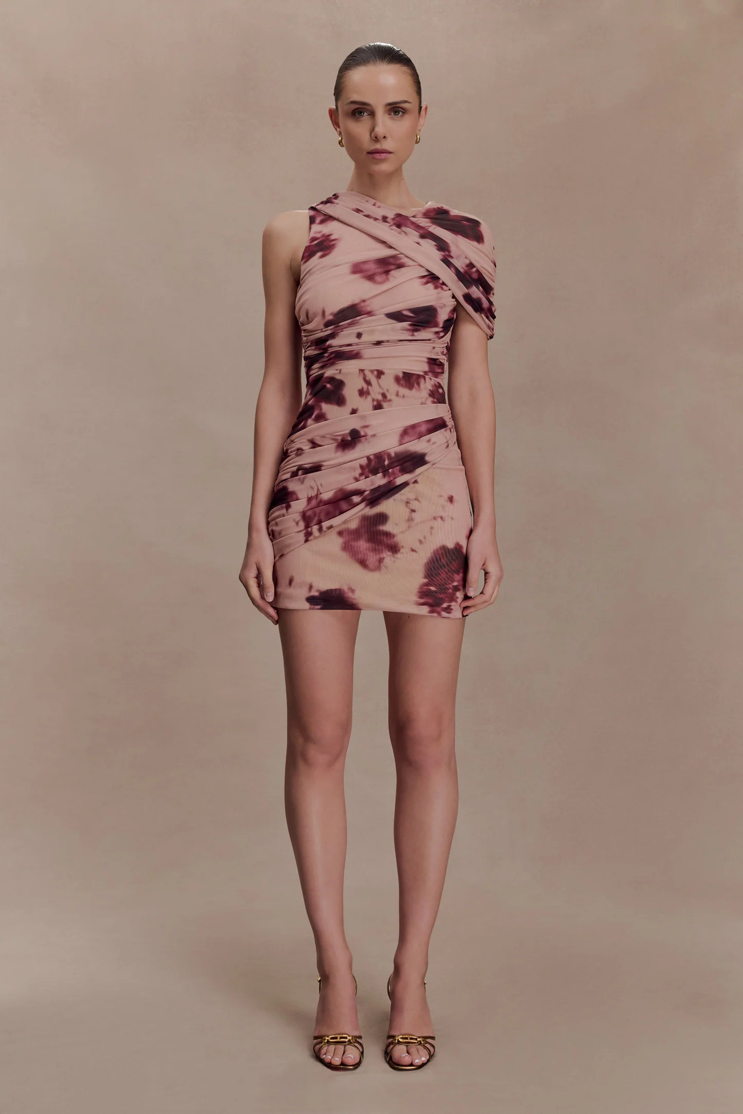One Shoulder Mesh Mini Dress - Nude Blurred Floral Print | MESHKI US
