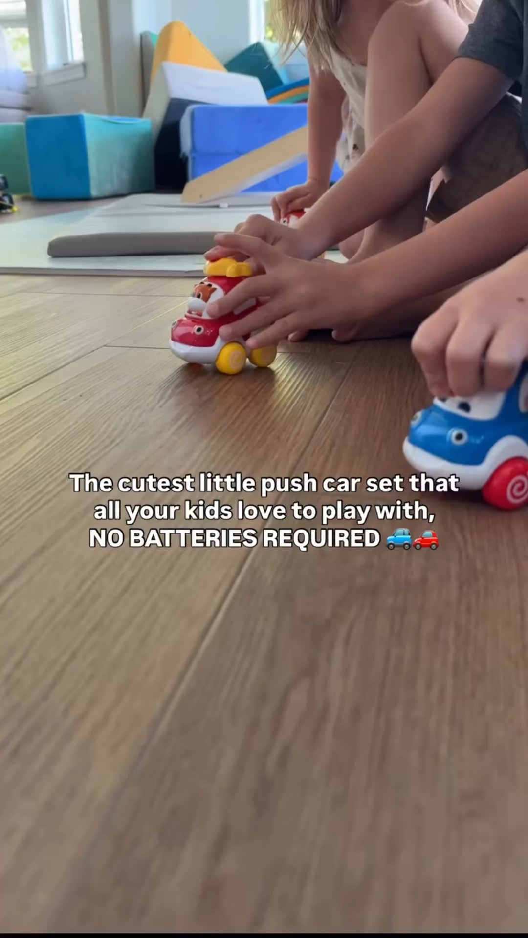 This is such a fun little set, I originally thought my 10mo would love it the most but I think all the kids do! You push these cars down to make them go, no batteries required (mom win!🙌🏼)