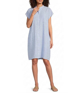 Puckered Organic Linen Stripe Mandarin Collar Cap Sleeve Dress | Dillard's