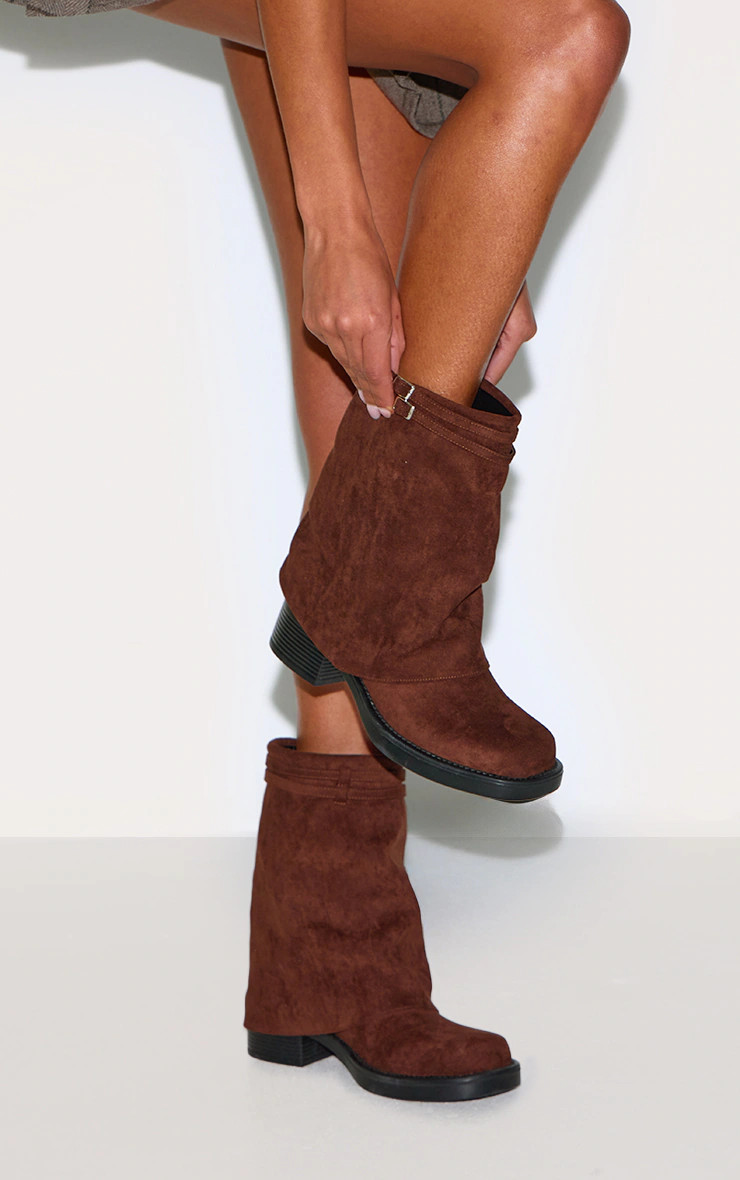 Chocolate Fold Over Buckle Strap Ankle Boots | Footwear | PrettyLittleThing UK