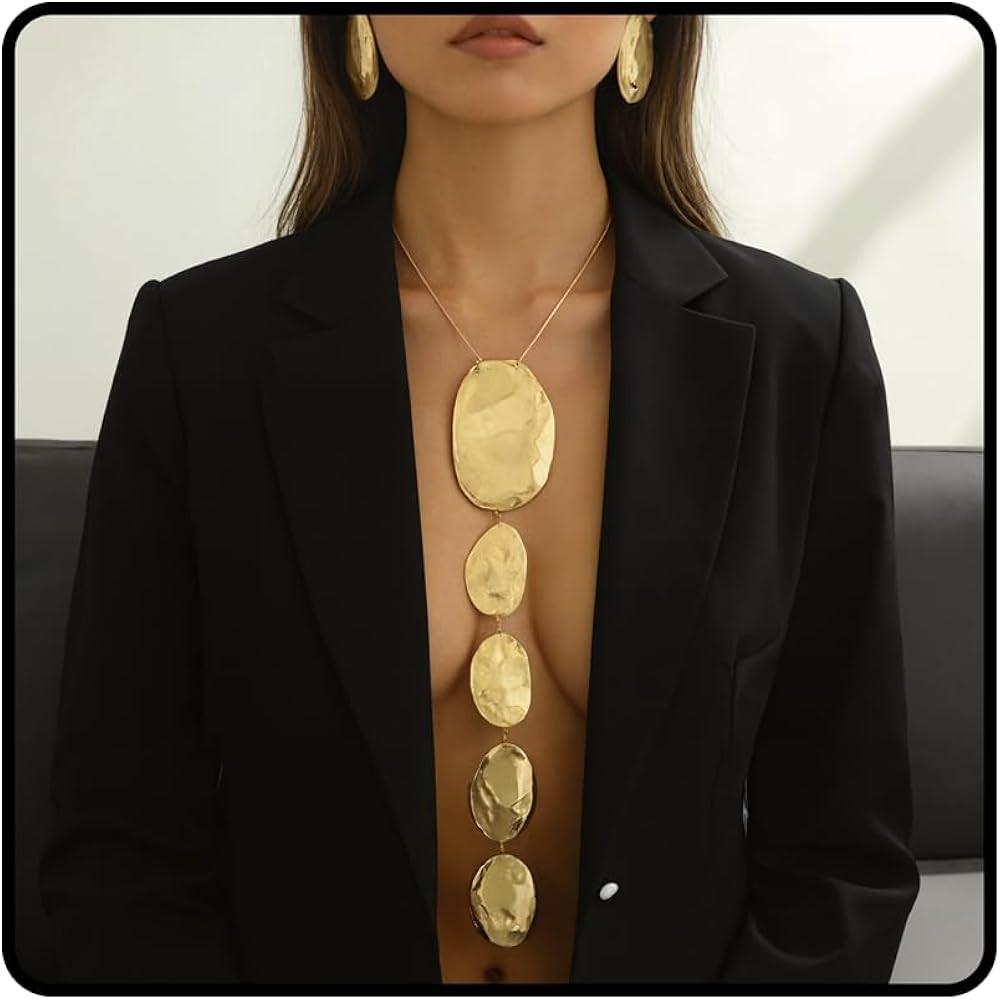 Gold Statement Necklace and Earring Set,Hammered Long Big Pendant Chunky Necklaces and Earrings E... | Amazon (US)