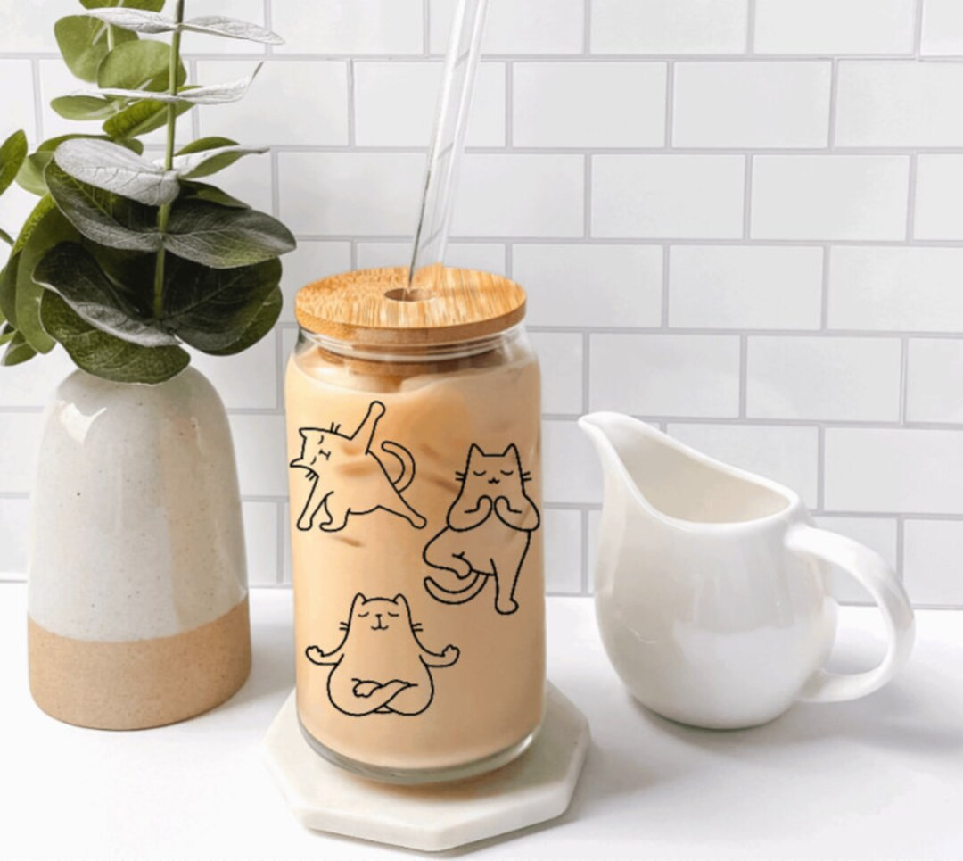 Yoga Cat Iced Coffee Funny Cat Glass Cute Cat Glass - Etsy | Etsy (US)