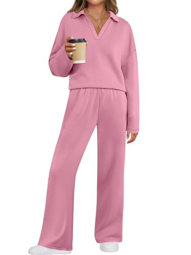 MEROKEETY Women's 2 Piece Outfits Sweatsuit Long Sleeve Sweatshirt Sweatpant Tracksuit Lounge Sets, Pink, Large | Amazon (US)