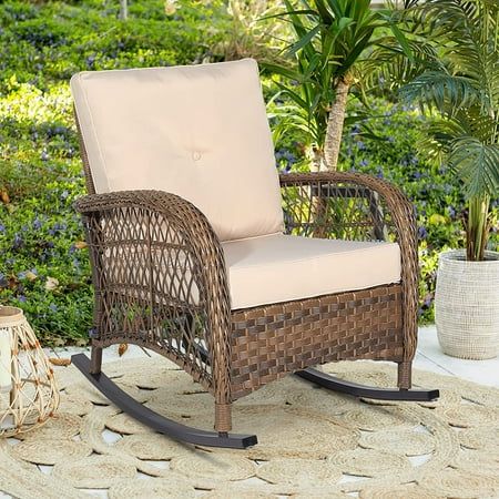W WARMHOL Outdoor Wicker Rocking Chair with Thickened Cushions All-Weather Rattan Patio Rocking Chai | Walmart (US)