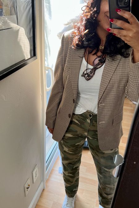 Ladies. Get into this on-trend houndstooth blazer with complementary camo pants, a crisp v-neck tee and clean white trainers complete this perfectly 👌🏽 I’m wearing a XS in the blazer (runs huge), size 6 pants.

#LTKunder100 #LTKstyletip #LTKworkwear