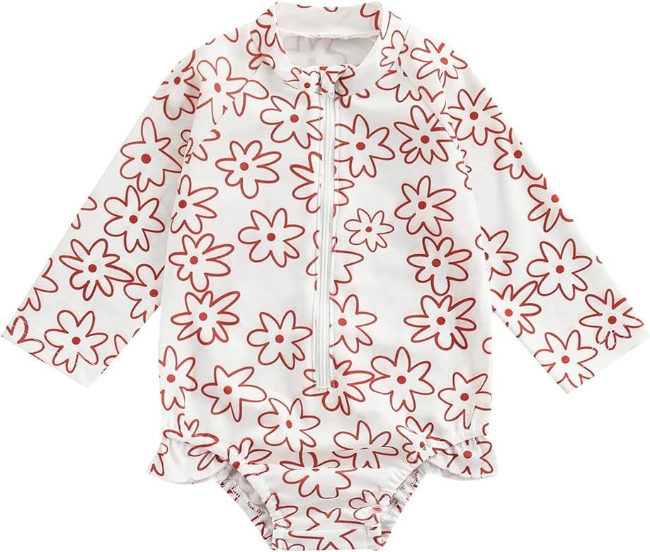 Toddler Baby Girl One Piece Swimsuit Zip Up Swimwear Floral/Rainbow Long Sleeve Bathing Suit Rash Gu | Amazon (US)