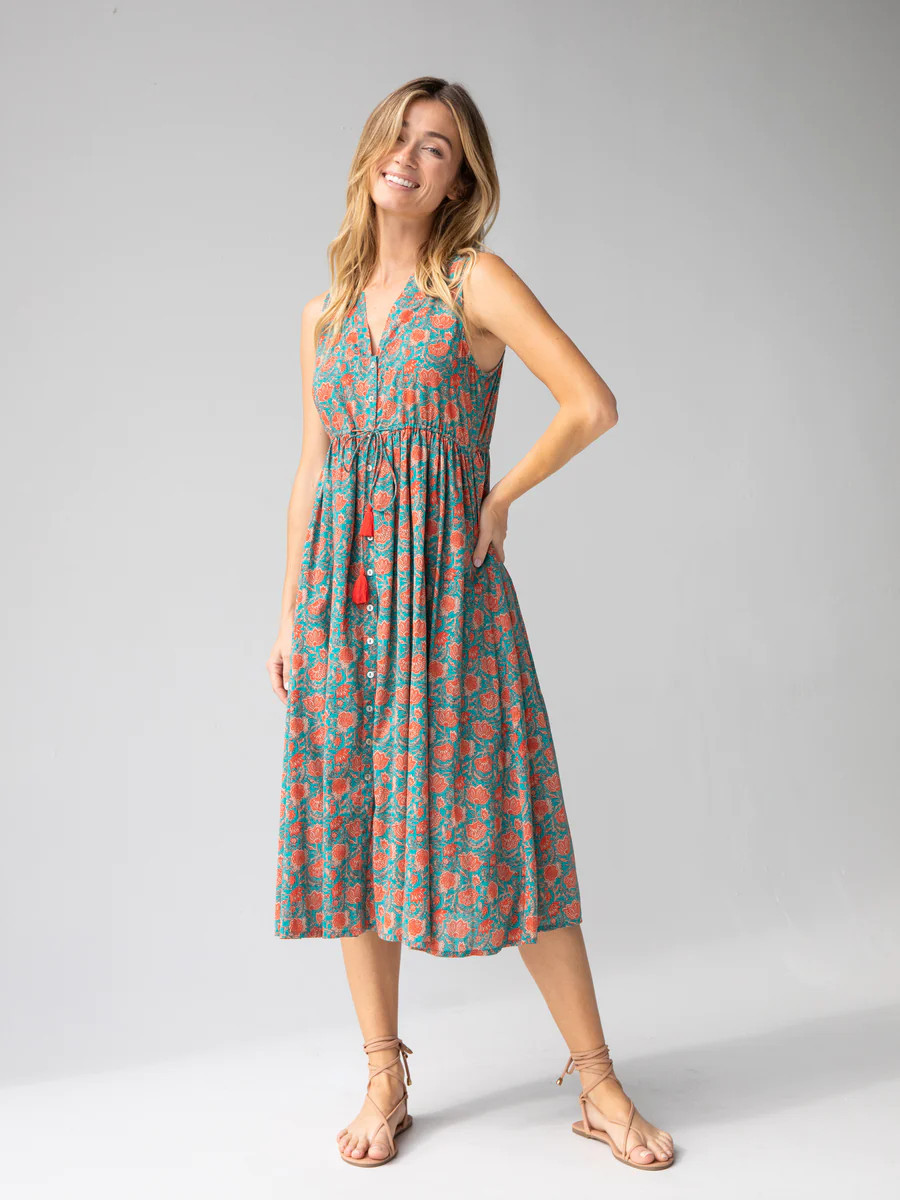 Amelia Sleeveless Shirt Dress - Turquoise Vines | Natural Life