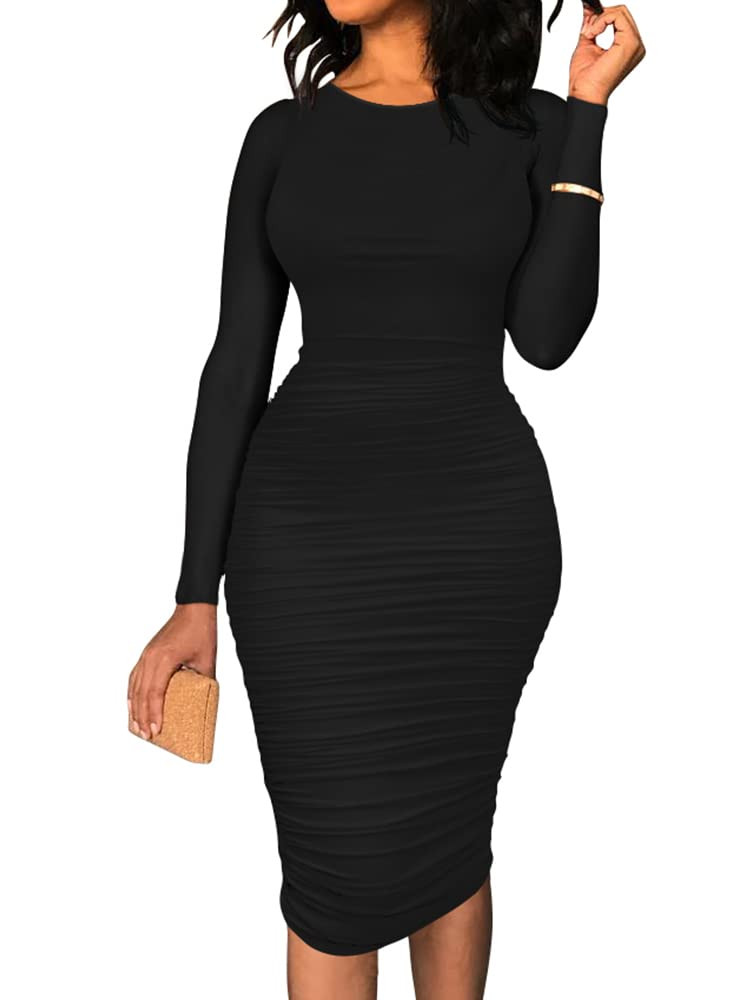 BEAGIMEG Women's Ruched Long Sleeve Elegant Bodycon Basic Casual Midi Dress | Amazon (US)