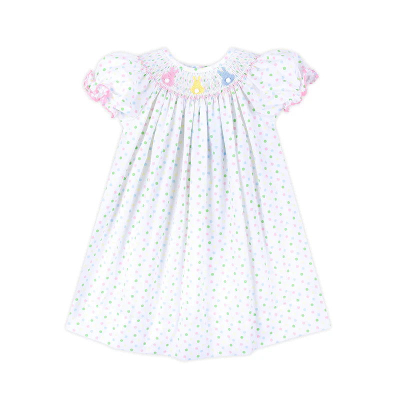 Bunny Smocked Colorful Polka Dot Bishop Dress | Classic Whimsy