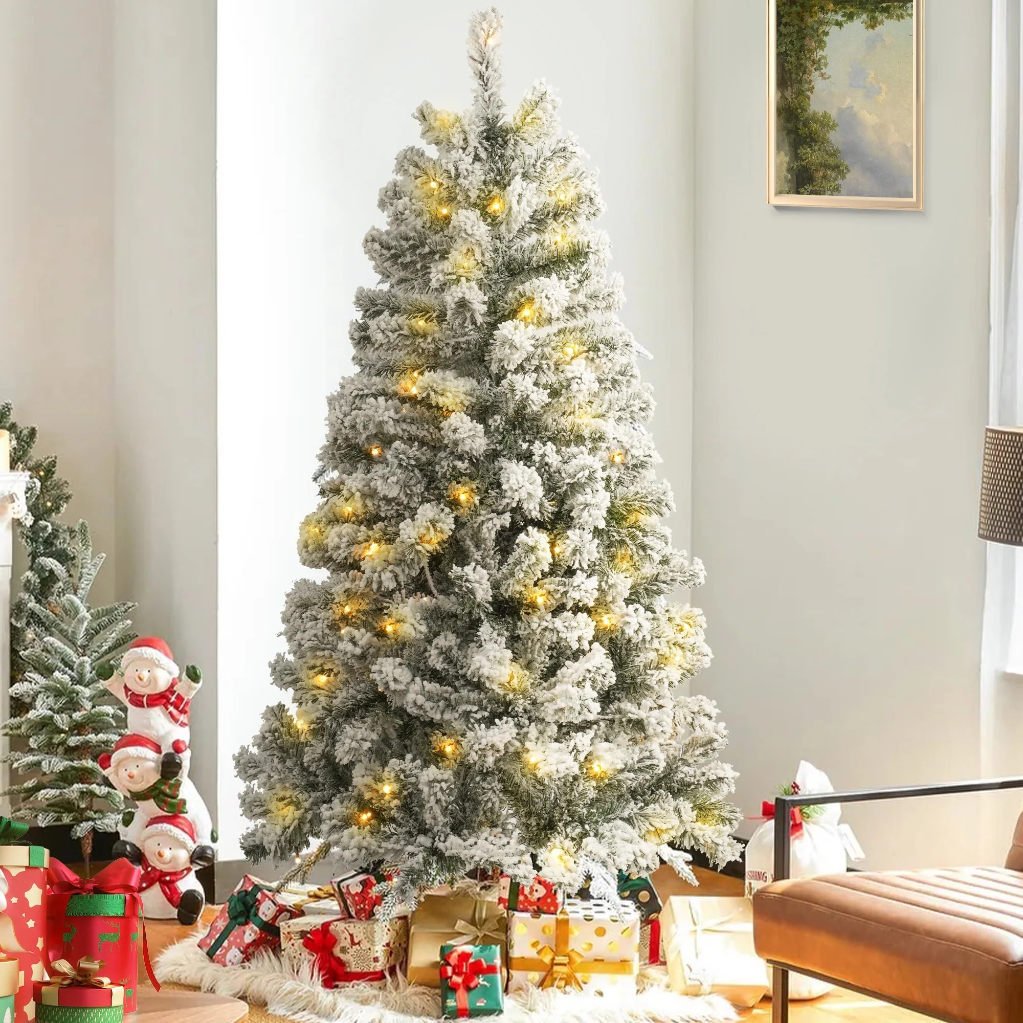 Posrue 4FT Pre-Lit Flocked Christmas Tree with 360 Branch Tips, Snow Artificial Xmas Tree with 10... | Walmart (US)