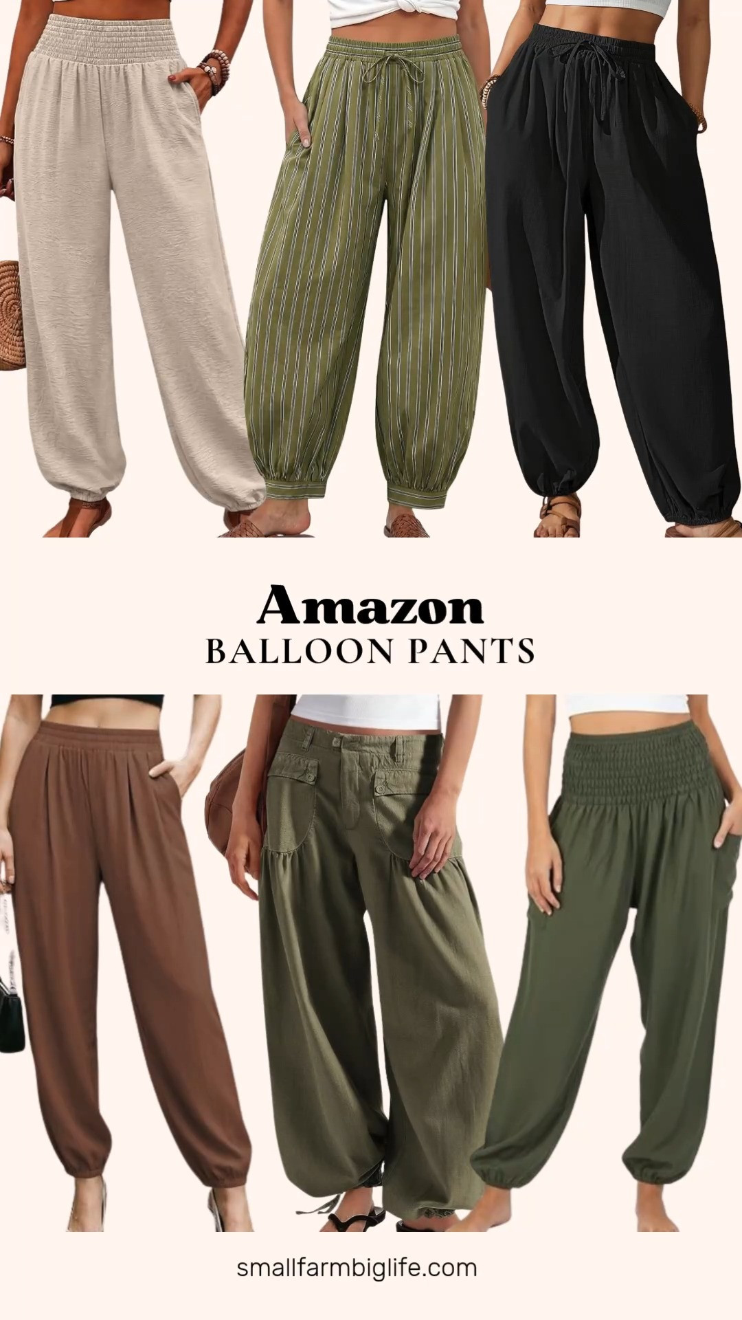 Balloon and harem pants are such an easy way to stay comfortable while still looking put together this season.

The beige smocked high waist harem pants have a lightweight linen look with elastic cuffs and pockets, perfect for everyday wear. The black cotton harem pants have a wide leg lantern silhouette with a drawstring elastic waist, great for lounging or casual days out.

The army green boho harem pants have two pockets and a flowy fit, ideal for yoga, travel, or just relaxing. The brown elastic waisted boho harem pants bring a barrel leg shape with pockets, comfortable enough for lounging but stylish enough for vacation outfits.

For a trendy streetwear look, the army green balloon pants have a high waisted wide leg fit with front pockets and drawstring hems. The olive green striped balloon cotton pants are pleated with an adjustable drawstring waist, perfect for a summer into fall transition.

#balloonpants #harempants #comfortablefashion #amazonfashionfinds #falltransition 

 #LTKootd #LTKOver40 #LTKSaleAlert