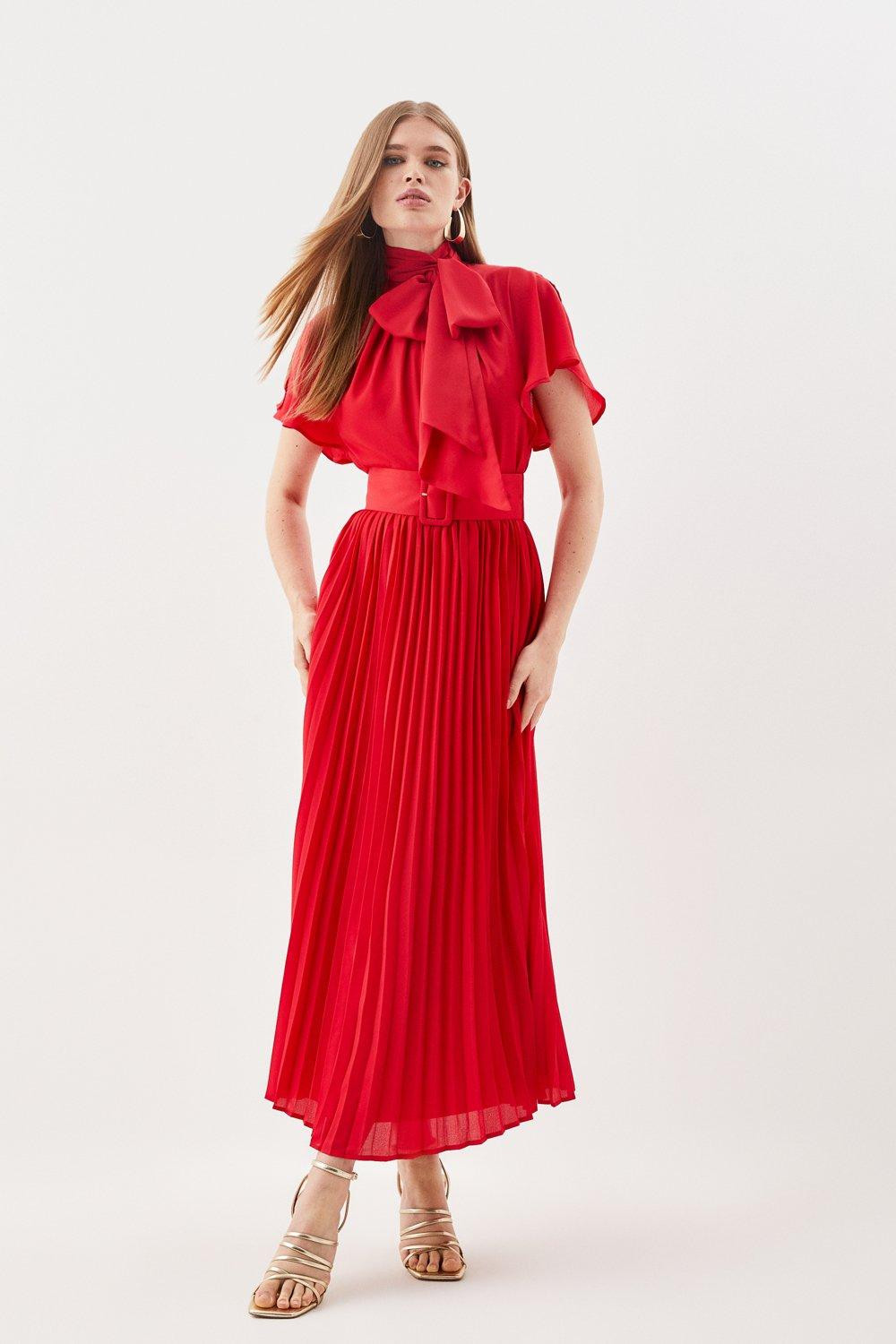 Pleated Georgette Tie Detail Maxi Dress | Karen Millen US