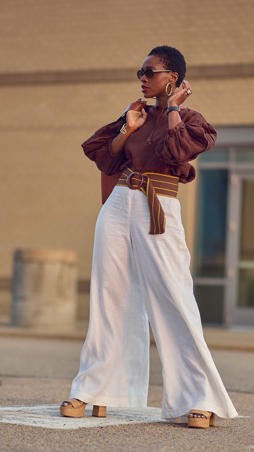 Neutral Summer color-blocking with white wide-leg linen pants and a brown top. Add a striped sash belt for a distinctive touch 🤎 Belt details at farotelle.com Summer style, Summer outfit ideas, Larroudé raffia platform sandals, large leather tote.

#LTKSaleAlert #LTKShoeCrush #LTKStyleTip