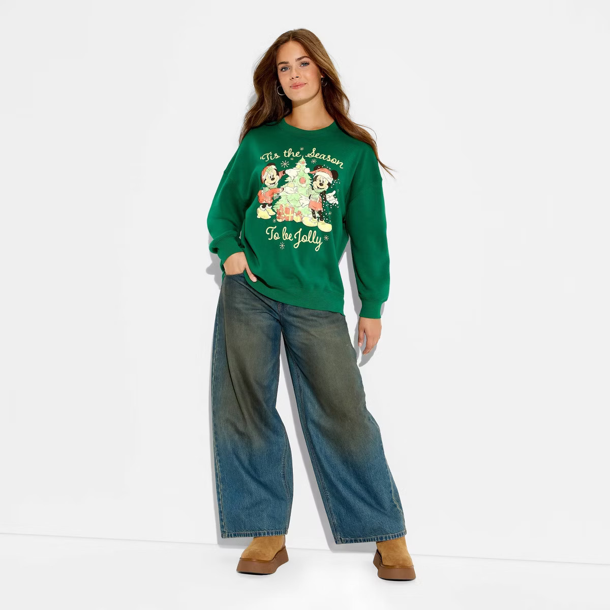Women's Mickey Tis' the Season Graphic Sweatshirt - Green | Target