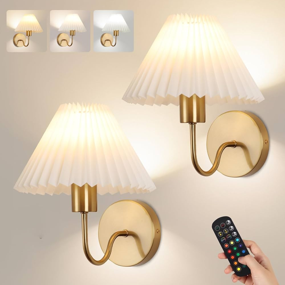 Juego de 2 apliques de pared inalámbricos, plisados, recargables, funciona con pilas, luces de p... | Amazon (US)