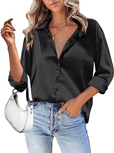 Hotouch Satin Silk Women Button Down Shirt Long Sleeve V Neck Casual Loose Work Office Blouse Tun... | Amazon (US)