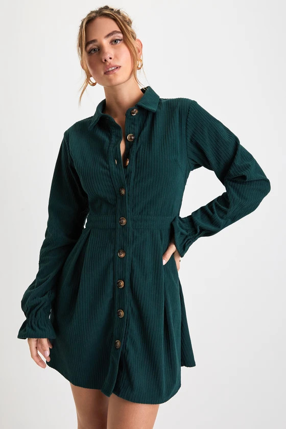 Autumn Mood Emerald Green Corduroy Mini Dress With Pockets | Lulus
