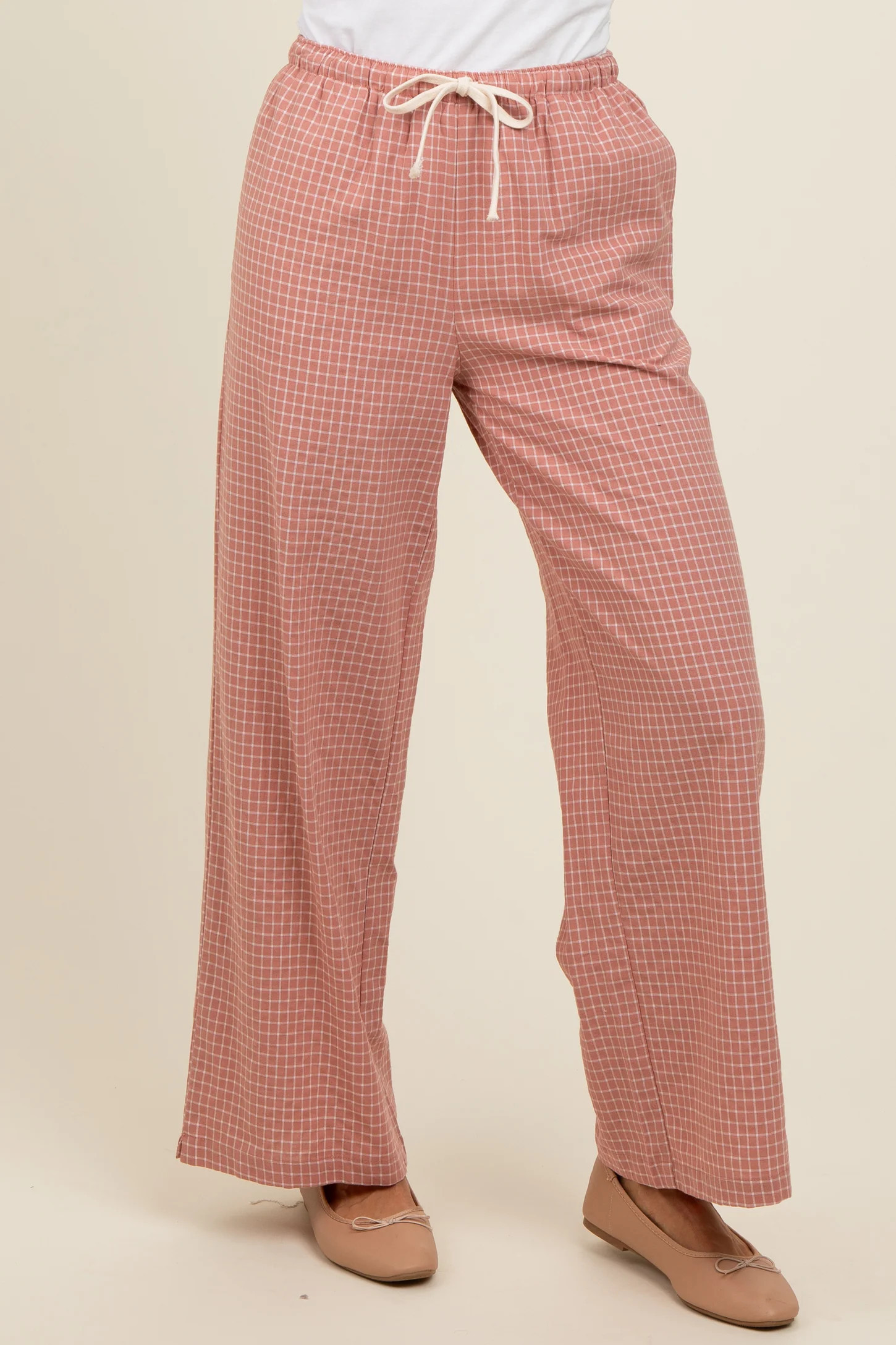 Pink Drawstring Checker Plaid Pants | PinkBlush Maternity