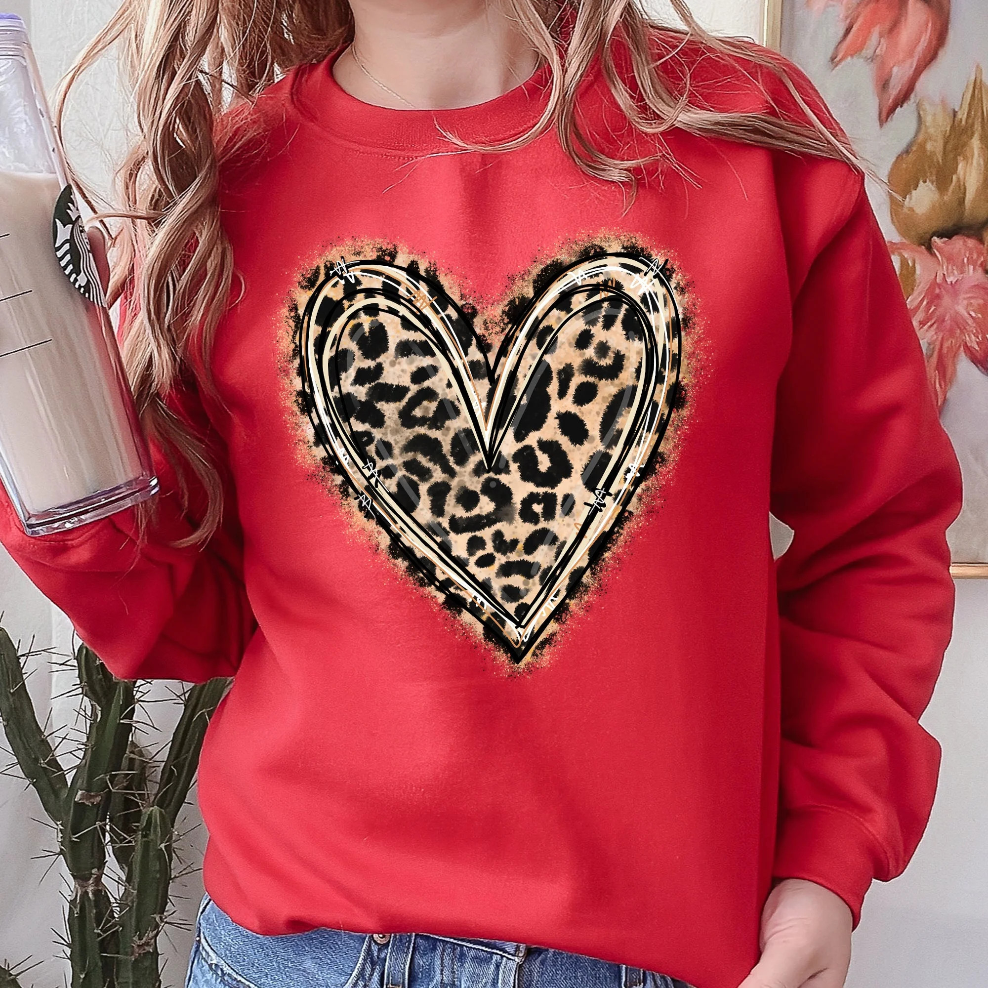 Leopard Print Heart, Sweatshirt, Valentine's Day-Large / Red | Walmart (US)