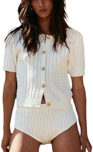 Cable Knit Short Sleeve Cardigans for Women Vintage Button Down Sweaters Casual Going Out Tops | Amazon (US)