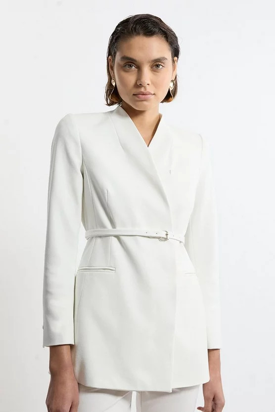 Structured Crepe Tailored Collarless Belted Blazer | Karen Millen US