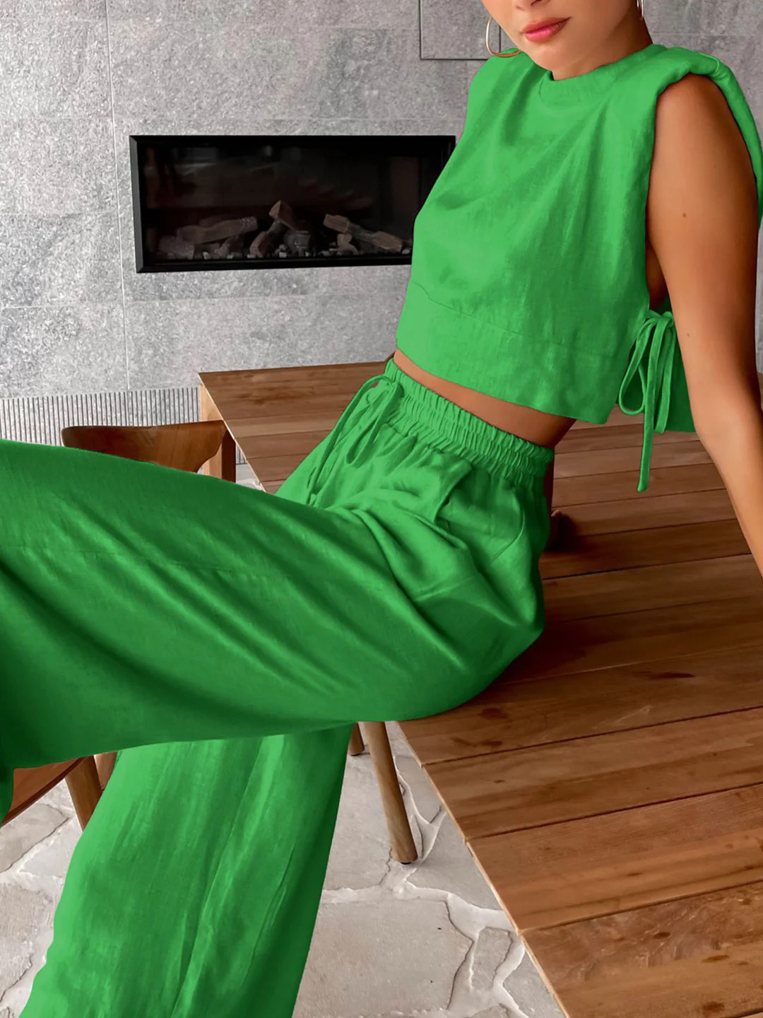 Utility Linen Two Piece Wide Leg Pants Set | Commense