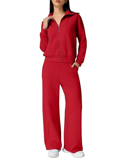 SUUKSESS Women 2 Piece Lounge Matching Set Wide Leg Sweatpant Half Zip Sweatshirt | Amazon (US)