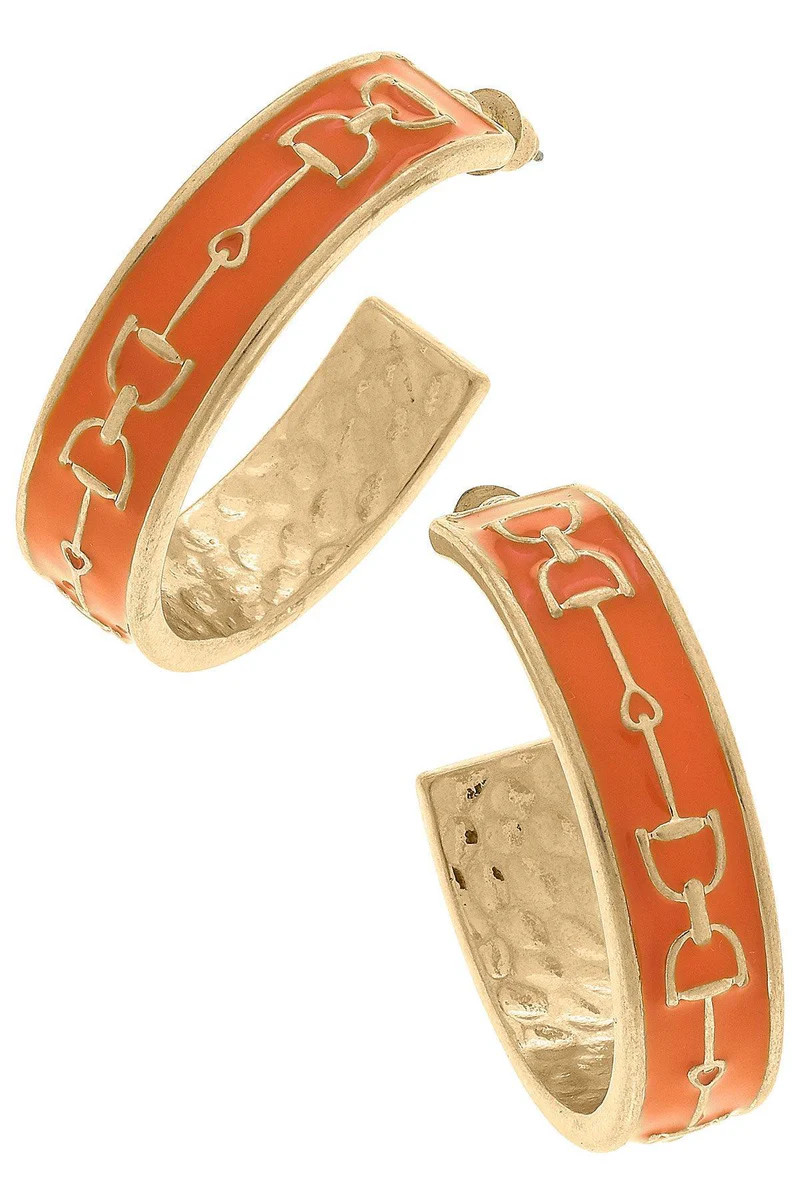 Giselle Enamel Horsebit Hoop Earrings in Orange | CANVAS