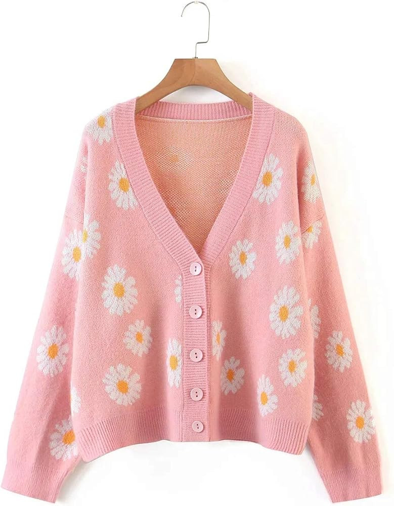 Women's Floral Knitted Daisy Sweater Cardigans Long Sleeve V Neck Loose Button Down Vintage Cotta... | Amazon (US)