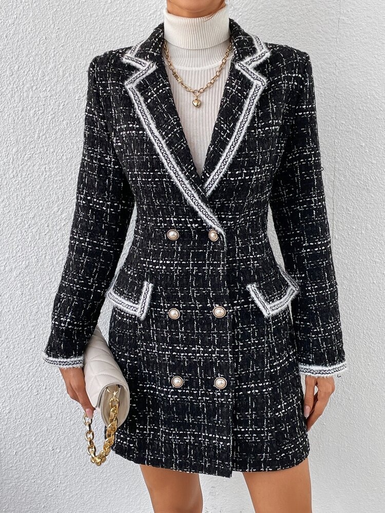 SHEIN Unity Plaid Double Breasted Contrast Trim Longline Blazer | SHEIN