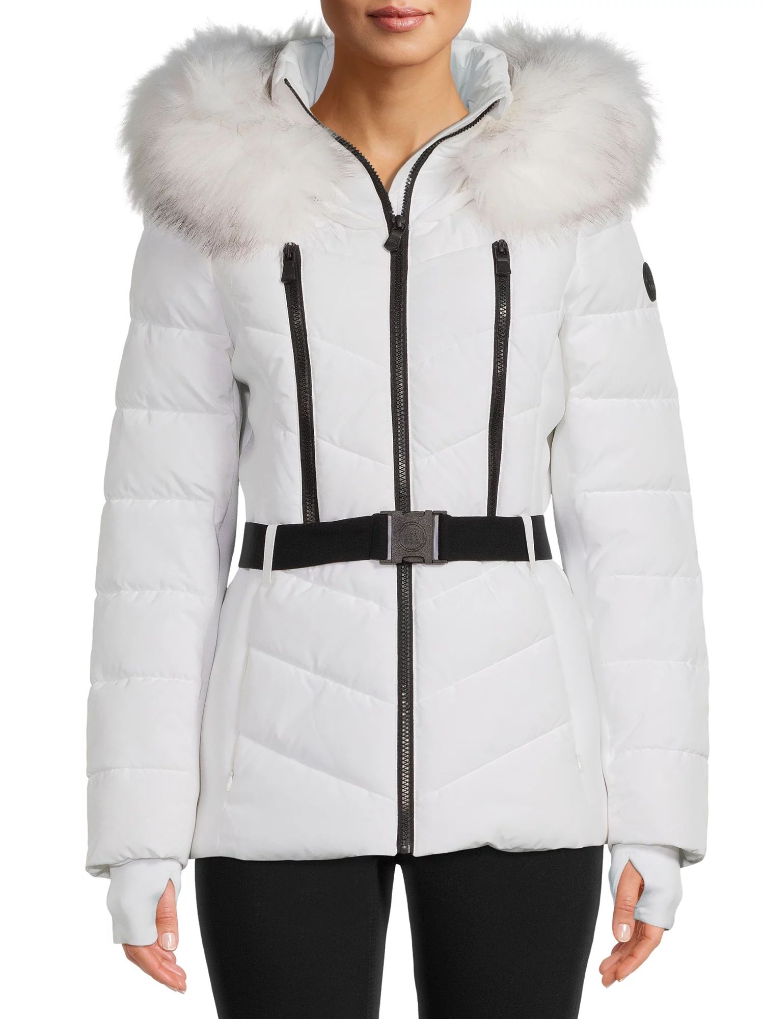 F.O.G. Women's and Plus Belted Puffer Coat with Faux Fur Hood | Walmart (US)