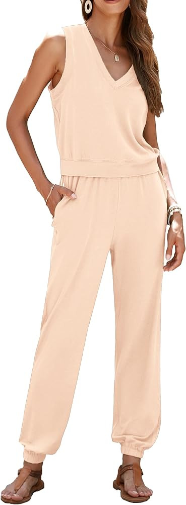 PRETTYGARDEN Women's Summer 2 Piece Tracksuit V Neck Tank Top Jogger Sweatpants Set Casual Lounge... | Amazon (US)